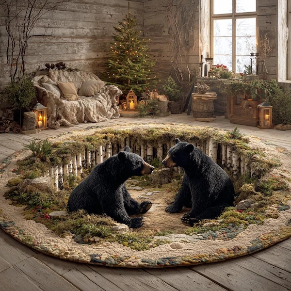 Mossy Bear 3D Round Area Rug, Forest Hollow Illusion Floor Mat, Rustic Woodland Cabin Decor