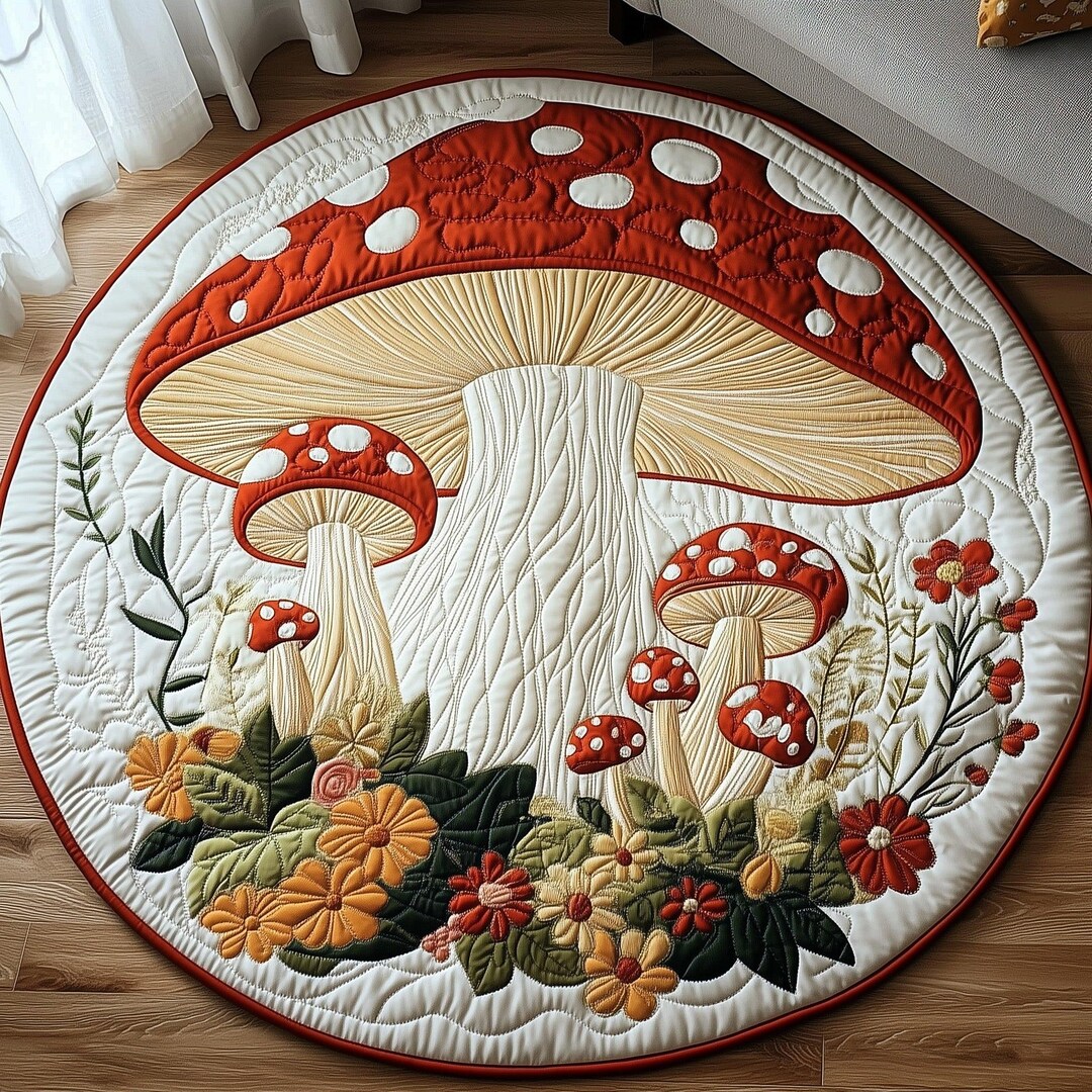 Toadstool Rug Vintage Mushroom Garden Round Floor Mat – Red Toadstool Floral Circle ...
