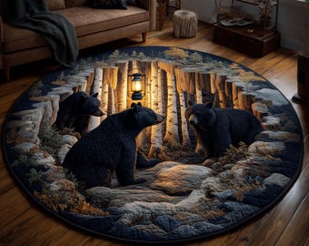 Green Lotus Quilted Round Mat, 3D Lotus Bloom Zen Floor Decor, Botanical Meditation Round Mat, Calm Nature Accent