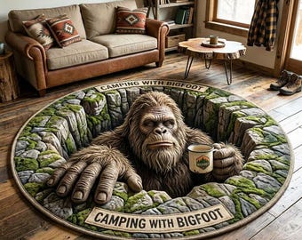 Alfombra redonda para acampar con Bigfoot – Alfombra circular con ilusión de cueva de Sasquatch en 3D, alfombra antideslizante con estampado de bosque rústico.
