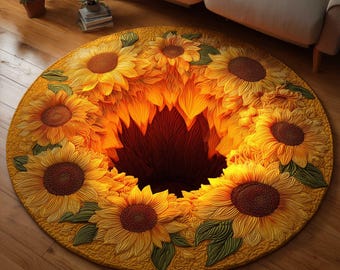 Glowing Sunflower Round Mat, 3D Illusion Sunflower Hole Floor Mat, Golden Sunflower Printed Round Mat