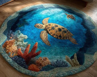 3D Meeresschildkröte Ozean runde Matte, Unterwasser Korallenriff Bodenmatte, Küstenstrand Dekor, rutschfeste bedruckte runde Matte