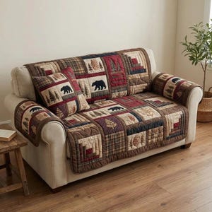 Zestaw pokrowców na sofę Rustic Bear Patchwork, ochraniacz mebli Woodland Cabin