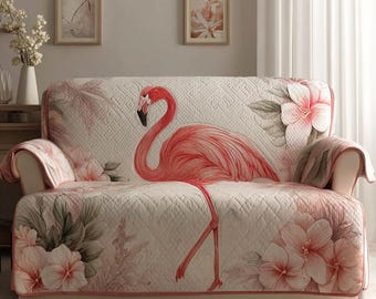 Flamingo Floral Sofa Cover with Pillow Cover, Tropical Pink Bird Couch Cover Set, Elegant Nature Furniture Protector