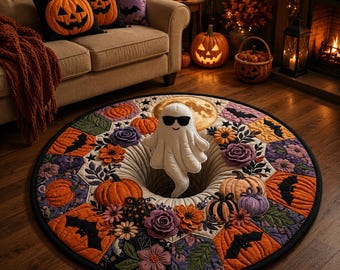 Alfombra redonda de Halloween con fantasma adorable, alfombra divertida de fantasma para el suelo, decoración de Halloween con calabaza, alfombra redonda de otoño espeluznante, decoración de Halloween para el hogar, alfombra de fantasma