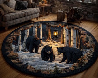Bear Family Round Floor Mat, Woodland Cabin Rug, Forest Night Bear Round Rug, Rustic Nature Home Decor