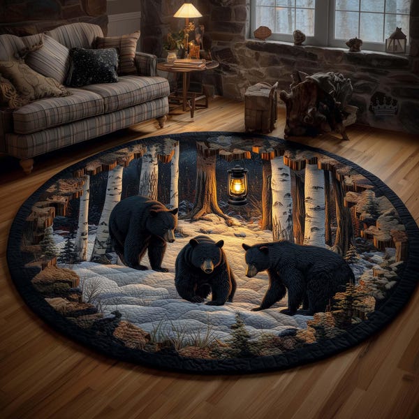 Bear Family Round Floor Mat, Woodland Cabin Rug, Forest Night Bear Round Rug, Rustic Nature Home Decor