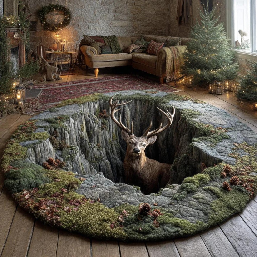 3D Stag Forest Round Area Rug, Deer Canyon Illusion Floor Mat, Rustic ...