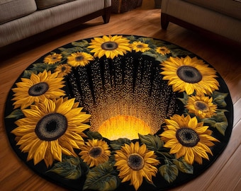 Sunflower Golden Light Round Rug, 3D Illusion Sunflower Printed Rug, Glowing Floral Hole Effect Area Rug Decor