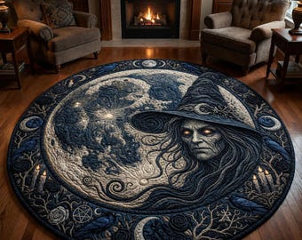 Alfombra redonda Witch Moon, alfombra gótica Witch, alfombra oscura Cottagecore, decoración Raven Moon, decoración para el hogar con temática de brujas, alfombra redonda de Halloween.