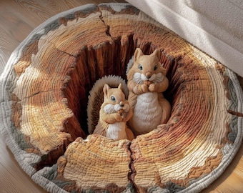 Chipmunk Burrow Round Rug, Cute Squirrel 3D Illusion Rug, Woodland Animal Printed Round Area Rug, Cozy Nature Home Decor