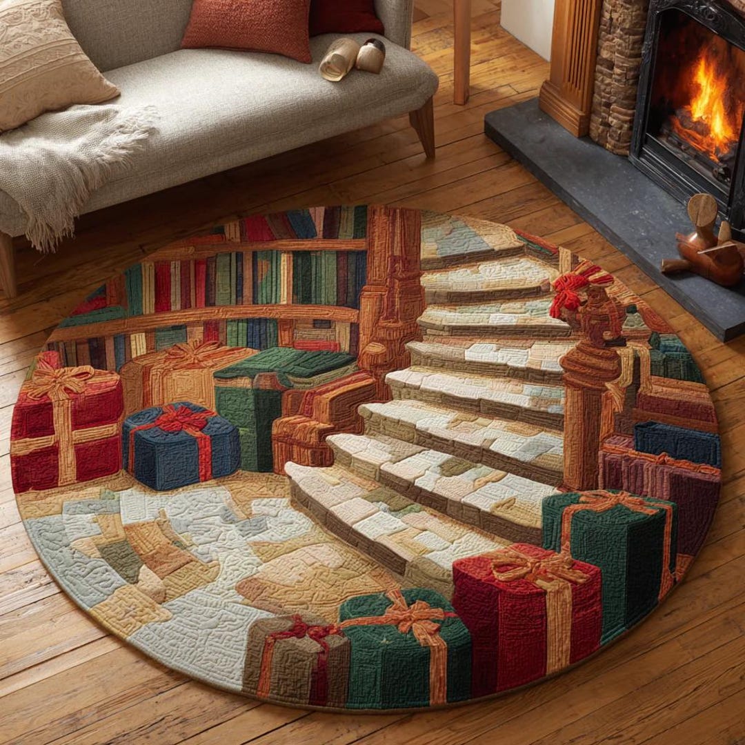 Ny Library Rugs 3D Book Staircase Round Rug – Cozy Library Illusion Carpet – Reading ...