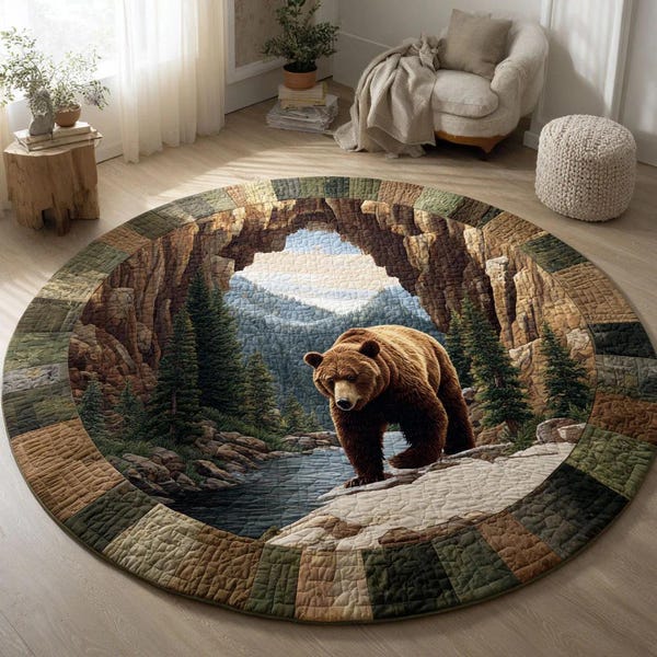 Mountain Bear Canyon Round Mat, Wilderness Grizzly Circle Rug, Nature Landscape Floor Decor