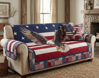 Flying Eagle American Flag Sofa Cover with Pillow Cover, Patriotic USA Couch Cover Set, Stars and Stripes Bald Eagle Furniture Protector