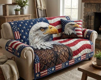 American Eagle Flag Sofa Cover with Pillow Cover, Patriotic USA Couch Cover Set, Bald Eagle Stars and Stripes Furniture Protector