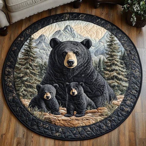Bear Family Quilted Round Mat, Mama Bear and Cubs Floor Decor, Rustic Wildlife Cabin Round Rug