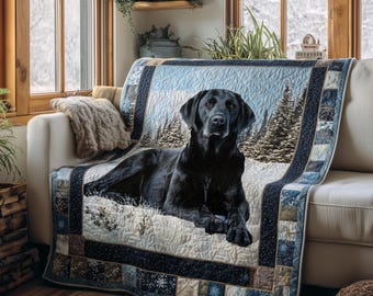 Black Labrador Blanket, Winter Dog Lover Throw, Snow Forest Lab Blanket, Rustic Cabin Dog Decor, Labrador Retriever Gift