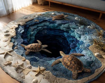 3D Ocean Hole Runde Matte, Meeresschildkröte Illusion Bodenmatte, Küstenstrand-Dekor, Nautischer Hausteppich, rutschfeste bedruckte runde Matte