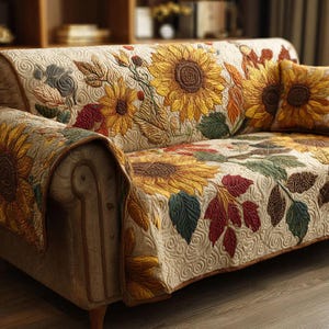 May include: A sofa with a quilted cover featuring a sunflower design. The cover has large yellow sunflowers with brown centres, red and green leaves, and a decorative border. A matching cushion is also present.