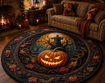 Alfombra redonda de calabaza de Halloween, alfombra redonda de Jack O' Lantern, alfombra espeluznante de otoño, decoración de cosecha de otoño, decoración de Halloween para el hogar