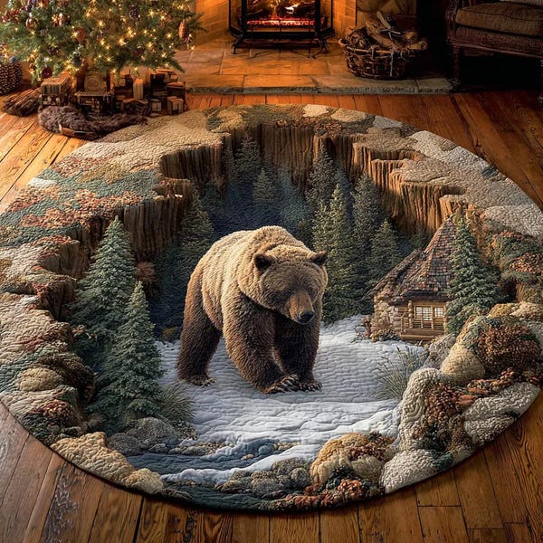 3D Rustic Bear Round Area Rug, Woodland Canyon Illusion Floor Mat, Cozy Cabin Wildlife Decor
