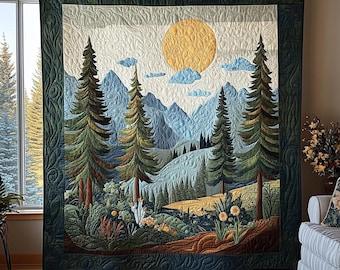 Manta acolchada de bosque de montaña, manta con paisaje natural, manta decorativa para cabaña, regalo para el hogar en plena naturaleza