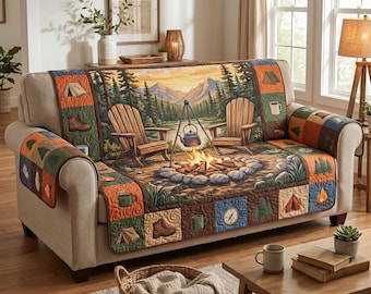 Camping Campfire Sofa Cover with Pillow Covers, Mountain Cabin Couch Cover Set, Outdoor Adventure Furniture Protector