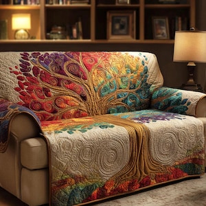 May include: A beige sofa covered with a colourful tree-of-life quilt. The quilt has a detailed design with a brown trunk and branches, and vibrant leaves in red, orange, yellow, green, blue, and purple. The sofa is in a room with a bookshelf and a lamp.