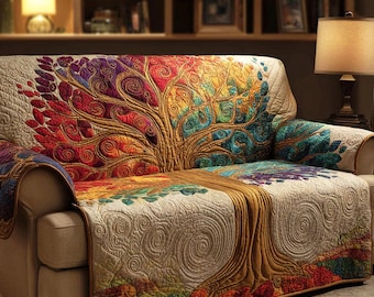 Colorful Tree of Life Sofa Cover with Pillow Cover, Boho Artistic Couch Cover Set, Vibrant Nature Furniture Protector