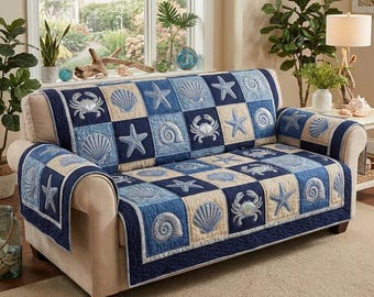 Coastal Seashell Sofa Cover with Pillow Cover, Nautical Ocean Couch Cover Set, Beach Starfish Furniture Protector