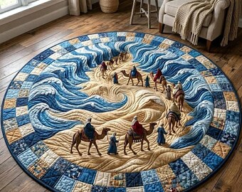 Parted Sea Caravan Round Mat – Biblical Journey Ocean Wave Design, Faith-Inspired Printed Floor Mat