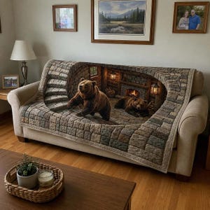3D Bär Cabin Illusion Quilt Decke, rustikaler Sofaüberwurf, gemütlichelodge Bärenbettwäsche, Steintunnel Wohndekor