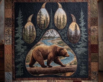 Bear Paw Wilderness Blanket, Rustic Bear River Scene Throw, Cabin Lodge Decor, Wildlife Nature Gift, Mountain Forest Blanket