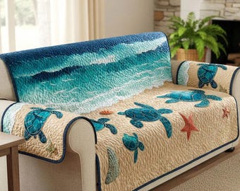Sea Turtle Beach Sofa Cover with Pillow Cover, Coastal Ocean Couch Cover Set, Tropical Marine Furniture Protector