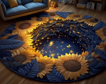 Sunflower Night Glow Round Rug, 3D Illusion Sunflower Printed Rug, Magical Firefly Floral Area Rug, Cozy Home Decor