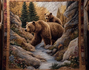 Bear Family Mountain Blanket, Rustic Wildlife Bear Cub Throw, Cabin Lodge Decor, Nature Forest Scene Gift, Cozy Woodland Blanket