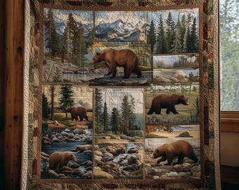 Bear Forest Patchwork Blanket, Rustic Wildlife Scene Throw, Cabin Lodge Decor, Mountain Nature Blanket, Outdoor Lover Gift