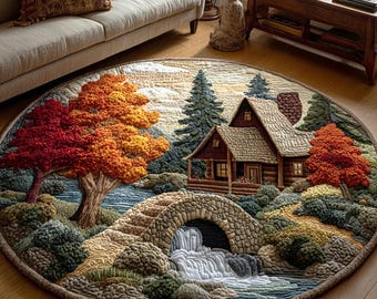 Cozy 3D Forest Cabin Round Rug | Quilted Tree Art, Stone Bridge Waterfall Illusion, Soft Non-Slip Living Room Floor Mat