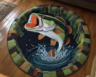 3D Barsch Angeln Runde Matte, Springen Forellenbarsch Wasser Splash Design, Fischer Geschenk, rutschfeste bedruckte Bodenmatte