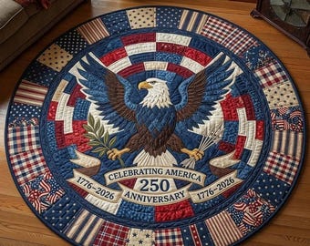 American Eagle 250th Anniversary Round Mat, Celebrating America 1776–2026 Patriotic Floor Mat, USA Flag Printed Circular Rug, Non-Slip Mat