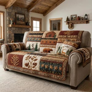 May include: A beige sofa with a patchwork quilt cover featuring cabin, bear, and tree designs in shades of brown, beige, and green. A matching pillow with a deer and tree design rests on the sofa. The room has a rustic, cabin-like aesthetic.