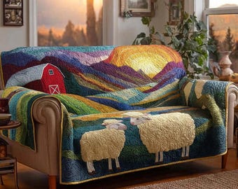 Farm Sunset Sheep Sofa Cover with Pillow Cover, Rustic Barn Landscape Couch Cover Set, Country Farmhouse Furniture Protector