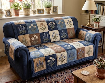 Rustic Garden Floral Sofa Cover, Botanical Patchwork Couch Cover, Vintage Cottage Living Room Decor