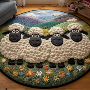 Peut inclure: Tapis rond avec quatre moutons à la laine crème et aux visages noirs. Le fond représente des collines vertes, un ciel bleu et des nuages blancs. Des fleurs colorées bordent le bas du tapis. Diamètre d'environ 150 cm.