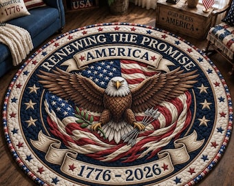 Alfombra redonda con águila patriótica, alfombra "Renovando la promesa de América", alfombra para piso de EE. UU. 1776-2026, alfombra con águila calva y bandera estadounidense.