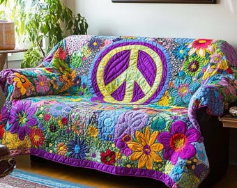 Hippie Peace Sign Sofa Cover, Colorful Floral Couch Cover, Boho Retro Living Room Decor