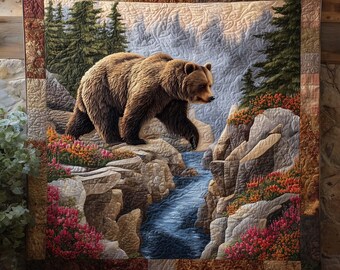 Grizzly Bear Mountain Blanket, Rustic Wildlife River Scene Throw, Cabin Lodge Decor, Nature Landscape Gift, Forest Bear Blanket