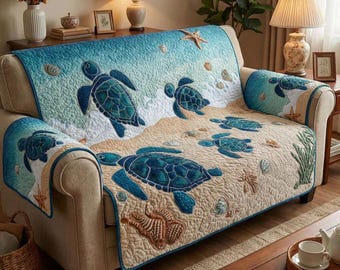 Sea Turtle Coral Beach Sofa Cover with Pillow Cover, Coastal Ocean Couch Cover Set, Marine Life Furniture Protector