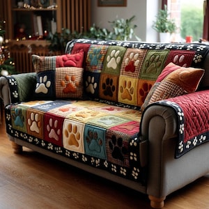 May include: A patchwork sofa cover and matching cushions with paw prints in various colours. The cover is made of squares in red, green, blue, and yellow. The sofa has a grey frame and wooden legs.