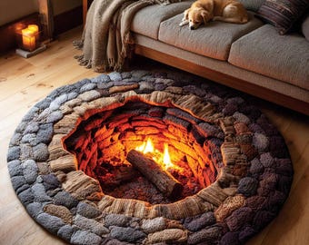 Rustic Fire Pit Illusion Round Rug – 3D Cozy Campfire Design, Cabin Lodge Decor, Warm Rustic Living Room Floor Mat
